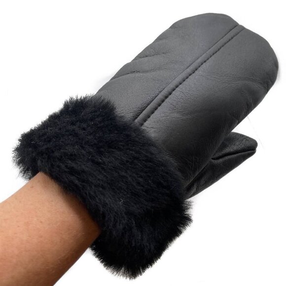 Black Shearling Sheepskin Leather Mittens – Unisex Winter Fur Mittens - Picture 2 of 11